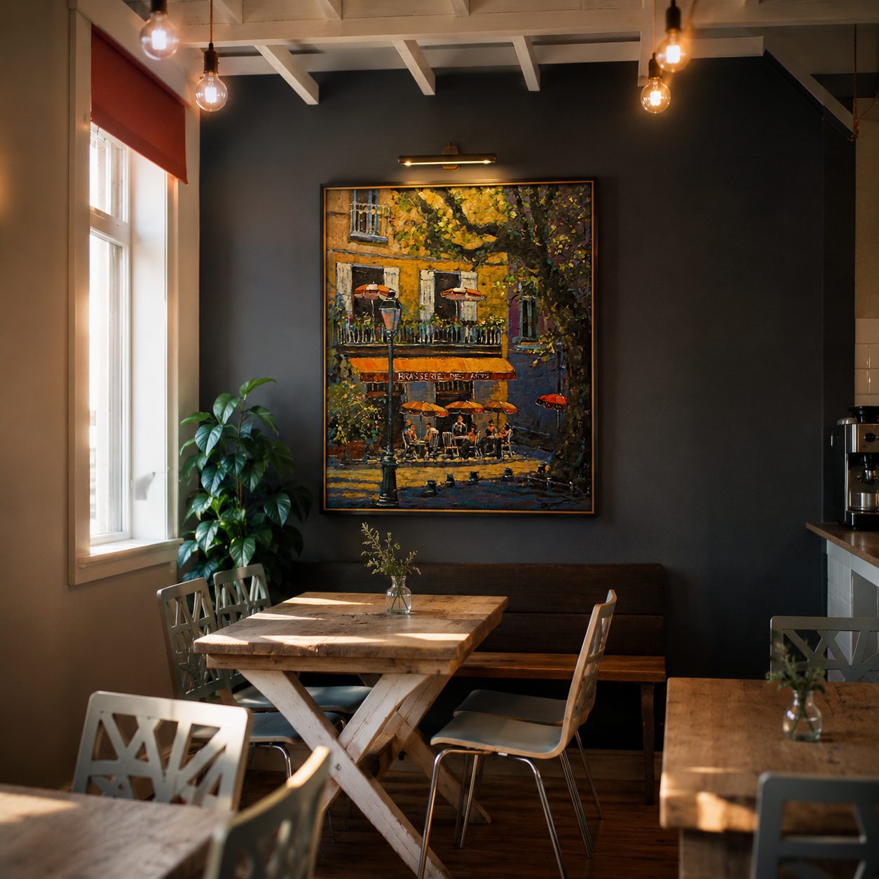 Ram portrait painting in a rustic warm-toned venue
