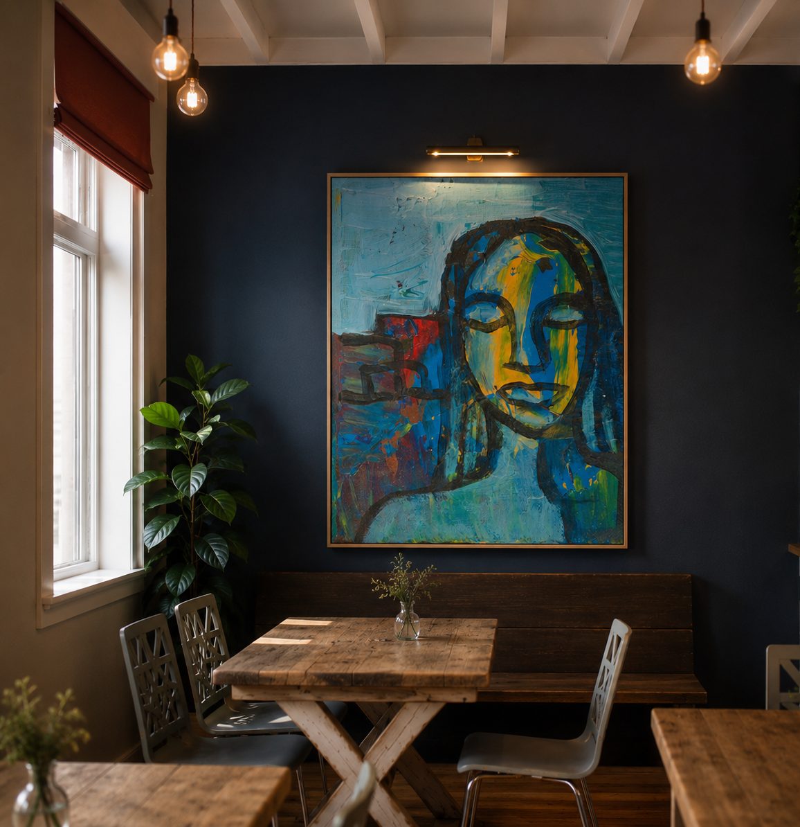 Expressive blue portrait painting hanging in a café