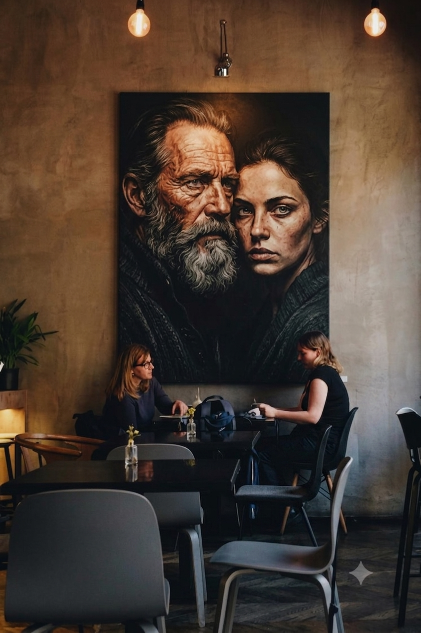 Ram portrait painting in a rustic dining space