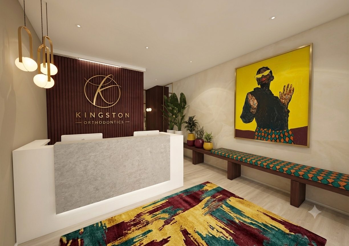 Vibrant contemporary painting in a modern dental clinic reception