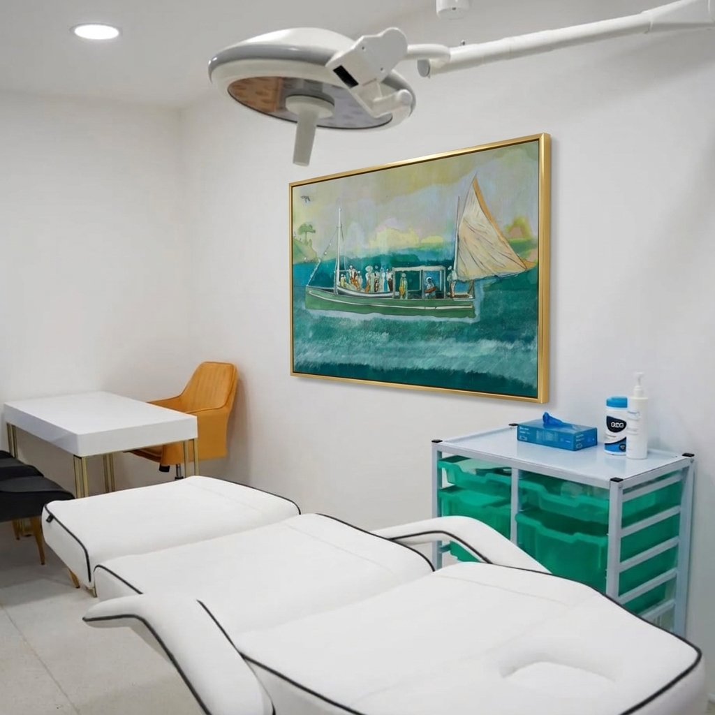 Serene sailing painting in a medical treatment room