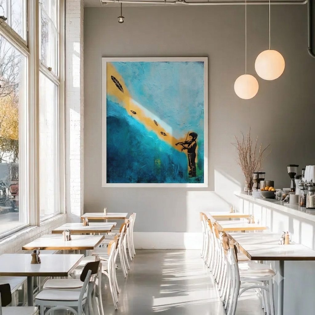 Painting of a violin player in a bright café