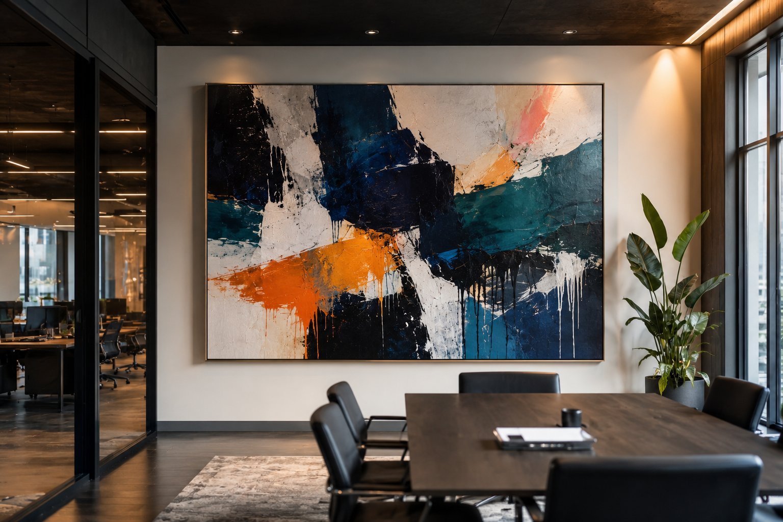 Large abstract expressionist painting in a corporate boardroom