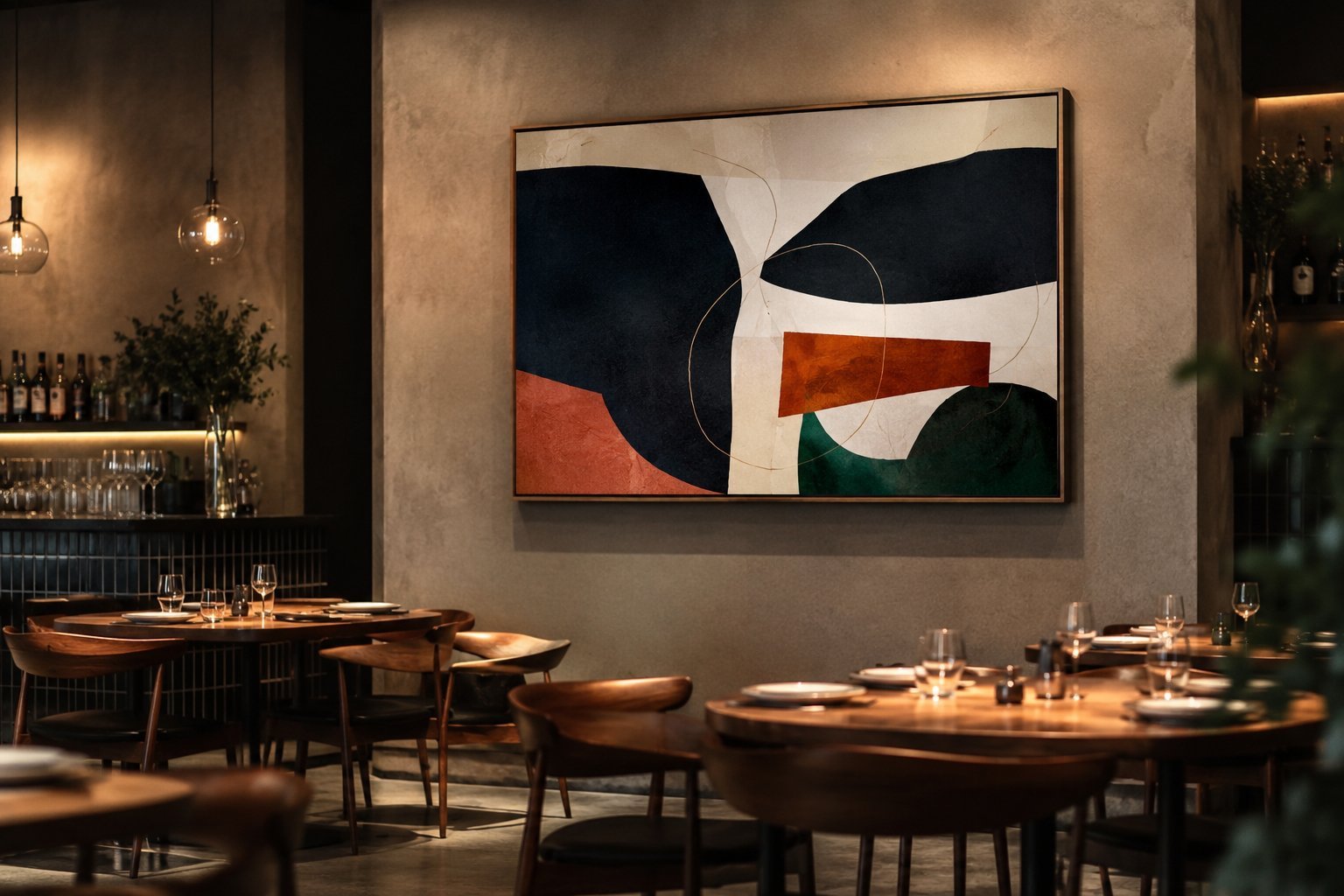 Mid-century geometric abstract painting in a fine dining restaurant